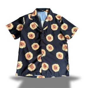 Men's Large Black Yellow Sunflower Print Collar, Collared Shirt Gay LGBTQ